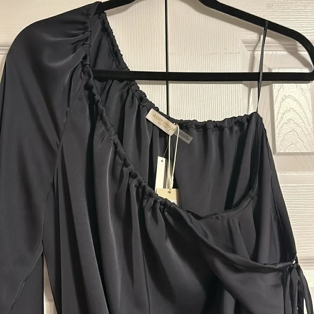 RAMY BROOK Louisa Long Sleeve Black One Shoulder Satin Mini Cocktail Dress Siz 4